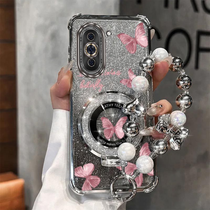 Huawei Nova 12 - Parel Strap Lanyard Glitter Roze Vlinder